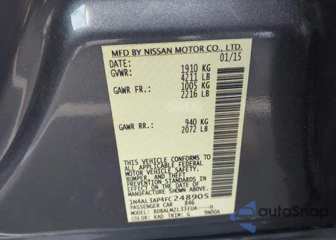 2015 Nissan Altima 2.5 Sv z USA, uszkodzony, nr VIN 1N4AL3AP4FC248905